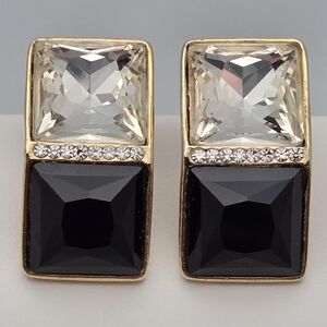 Black & Clear Crystal Square Stud Earrings Elegant Bicolor Design
